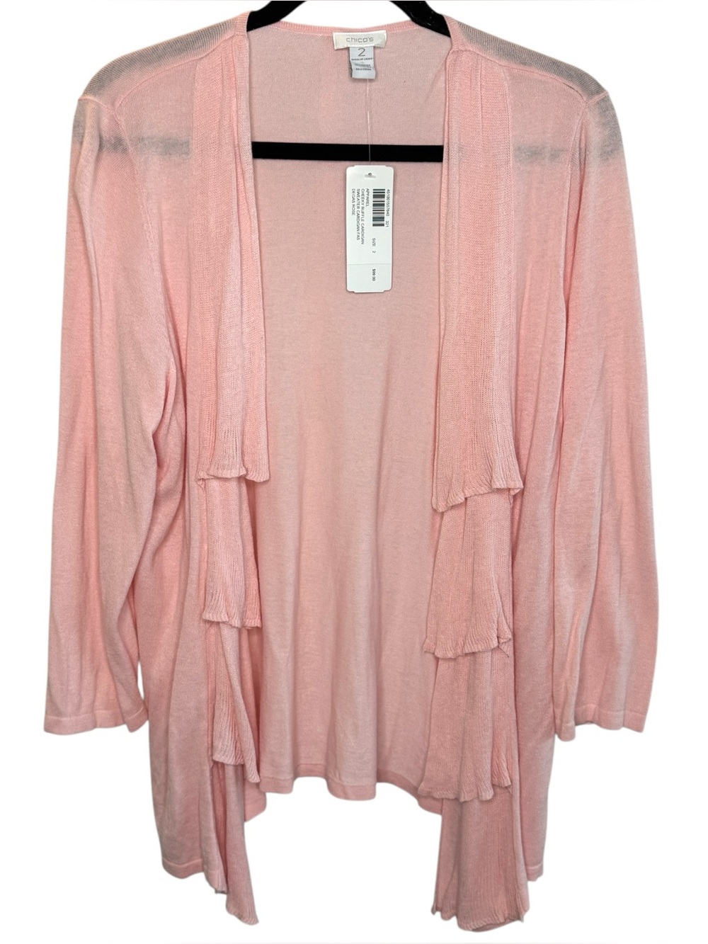 NWT Chico's Soft Pink Ruffle Open Front Cardigan Size Large